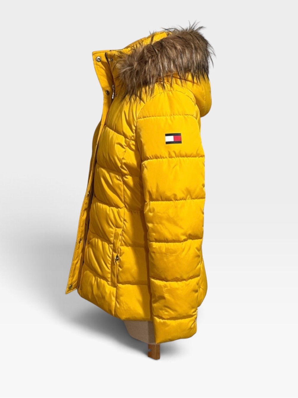Tommy Hilfiger Yellow Midi Puffer Winter Jacket Faux Fur Hood - Picture 3 of 9
